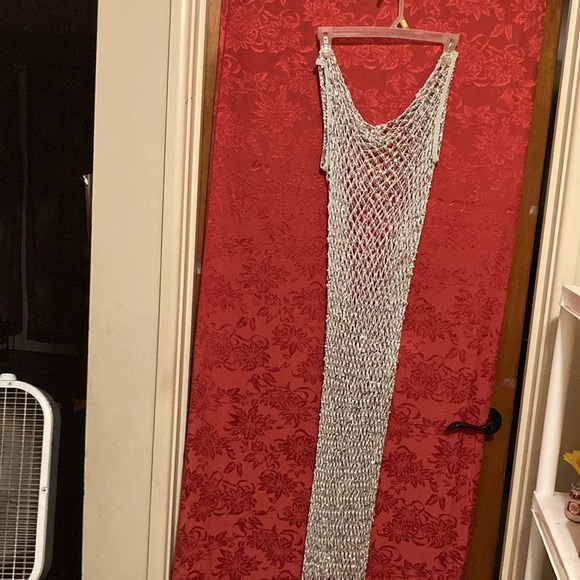 Silver Fish Net Sequence Long Dress With Jacket! 100 % Rayon - Picture 2 of 4